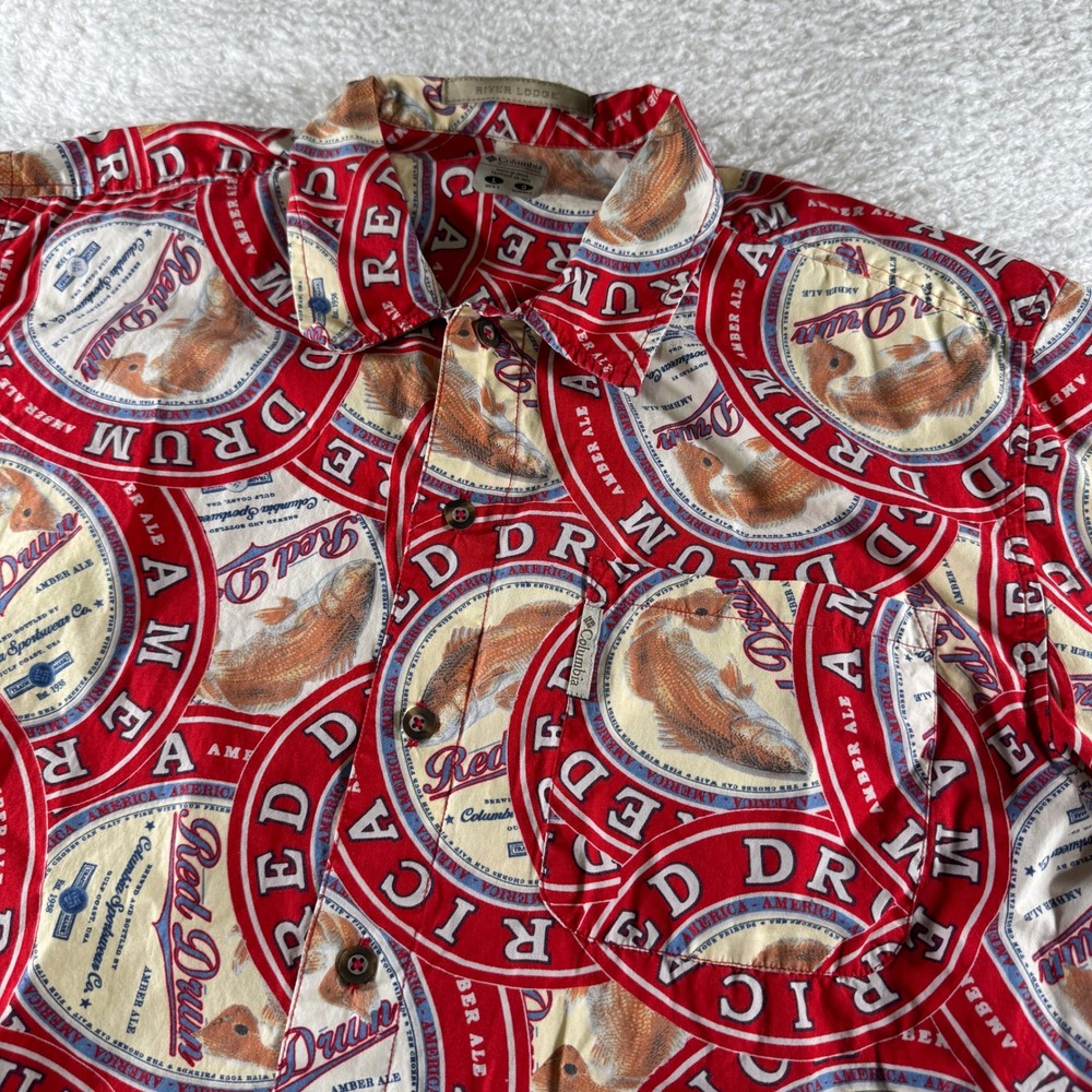 Mens Columbia River Lodge Button Up Red Drum Ale Fishing Shirt Size Large AOP